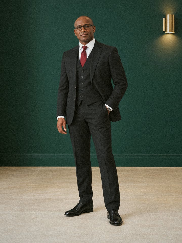 Man in a black three-piece suit and deep red tie in front of a green wall with a brass light