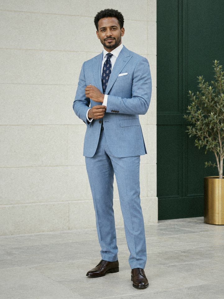 Man in a light-blue suit, white shirt and navy paisley tie, adjusting his cuff