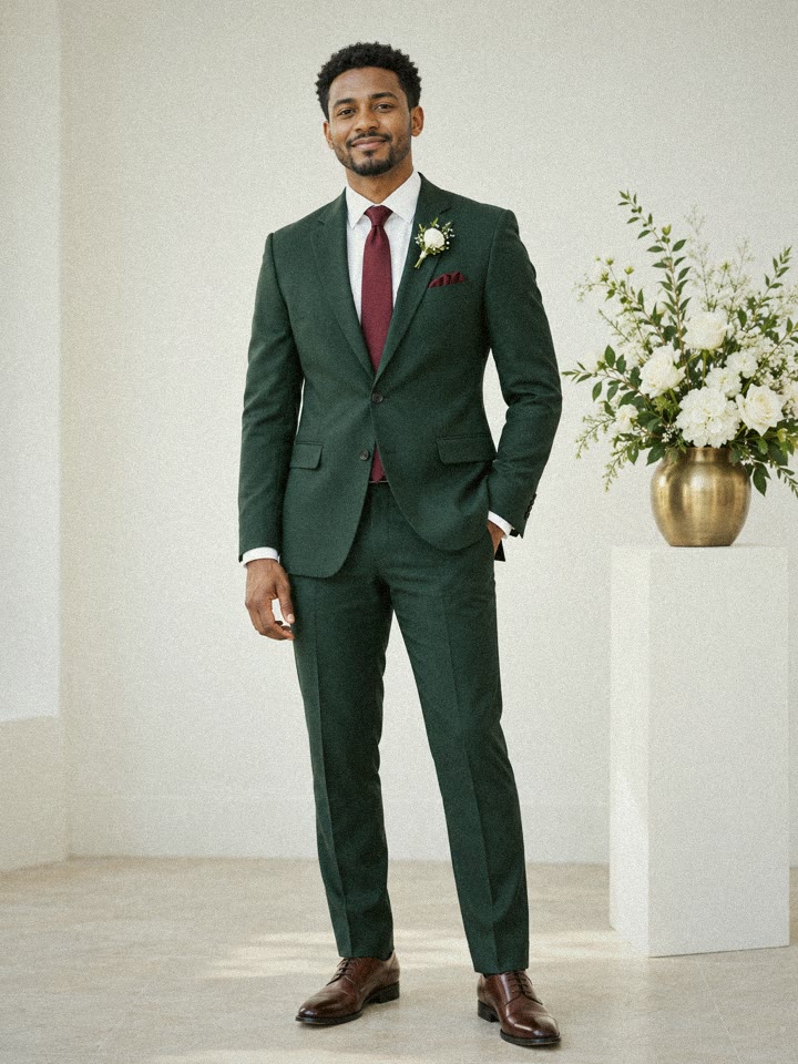 Groom in a bottle-green suit with burgundy tie, pocket square and white boutonnière beside white flowers
